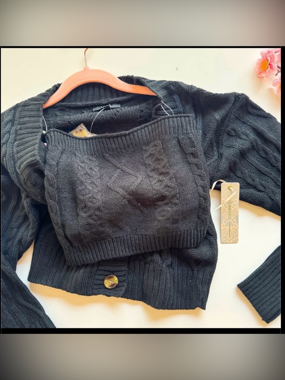 iris blue Cable-Stitch Button-Up Cardigan with matching tube top! NWT S/M/L